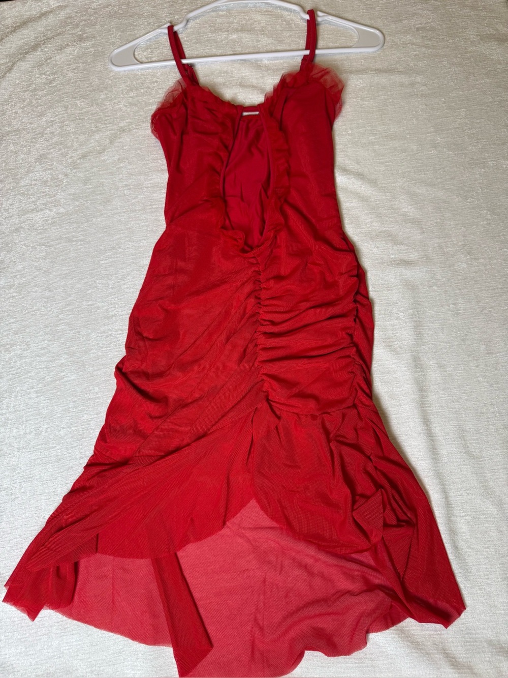 Red Ruched Mesh Backless Midi Dress with Ruffle Trim - Picture 2 of 7